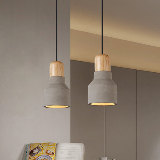 Macaron Single Hanging Lamp - Small Cement Bottle Ceiling Pendant Light with Wood Top in Red/Grey/Green