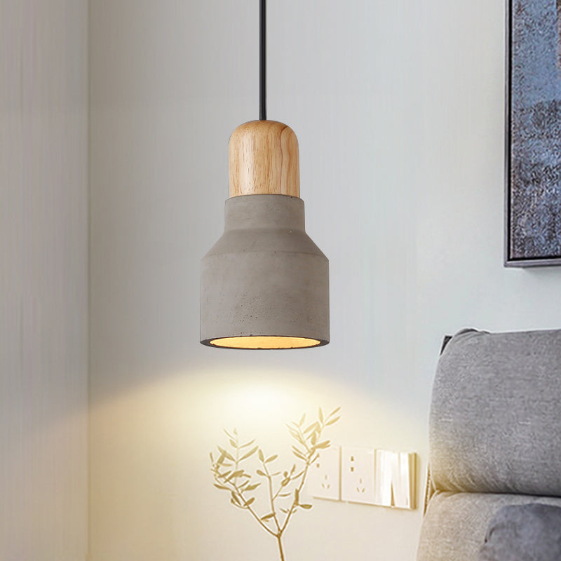 Macaron Single Hanging Lamp - Small Cement Bottle Ceiling Pendant Light with Wood Top in Red/Grey/Green