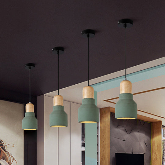 Macaron Single Hanging Lamp - Small Cement Bottle Ceiling Pendant Light with Wood Top in Red/Grey/Green