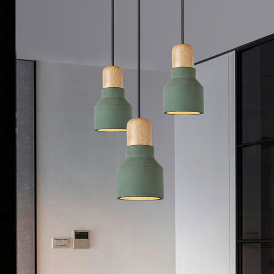 Macaron Single Hanging Lamp - Small Cement Bottle Ceiling Pendant Light with Wood Top in Red/Grey/Green