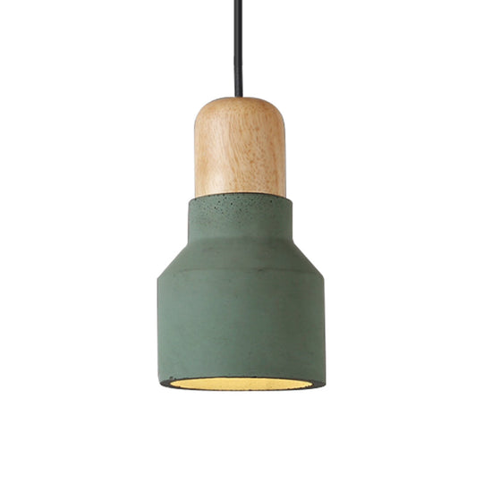 Macaron Single Hanging Lamp - Small Cement Bottle Ceiling Pendant Light with Wood Top in Red/Grey/Green