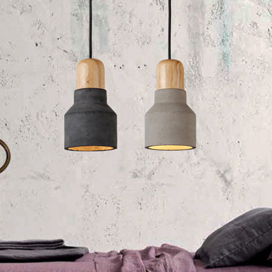 Macaron Single Hanging Lamp - Small Cement Bottle Ceiling Pendant Light with Wood Top in Red/Grey/Green