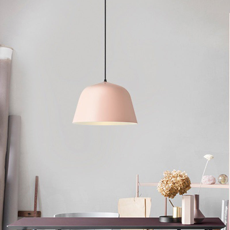 Macaron Single-Bulb Pendant Light With Pink/Grey/Green Bowl Shade Iron Finish | 10/12.5 Width