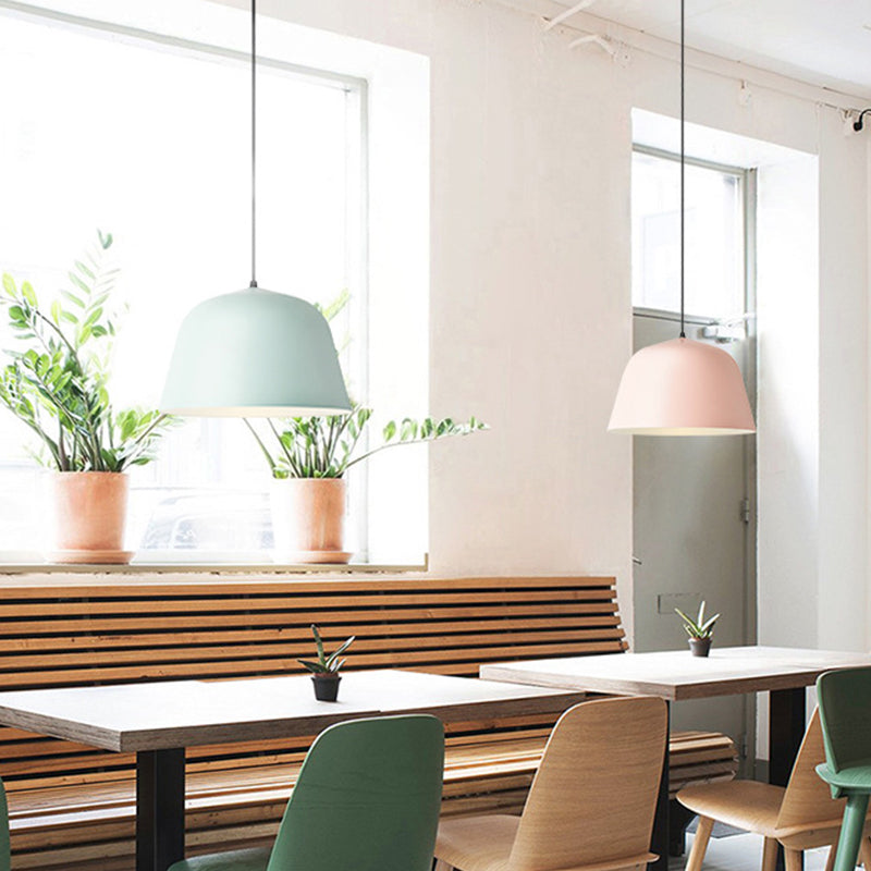 Macaron Single-Bulb Pendant Light With Pink/Grey/Green Bowl Shade Iron Finish | 10/12.5 Width