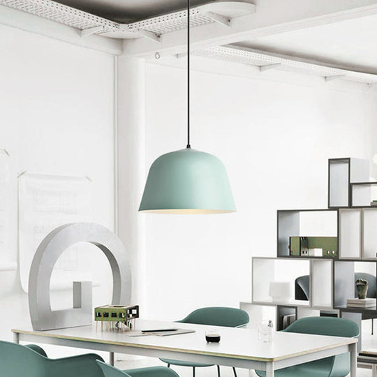 Macaron Single-Bulb Pendant Light With Pink/Grey/Green Bowl Shade Iron Finish | 10/12.5 Width