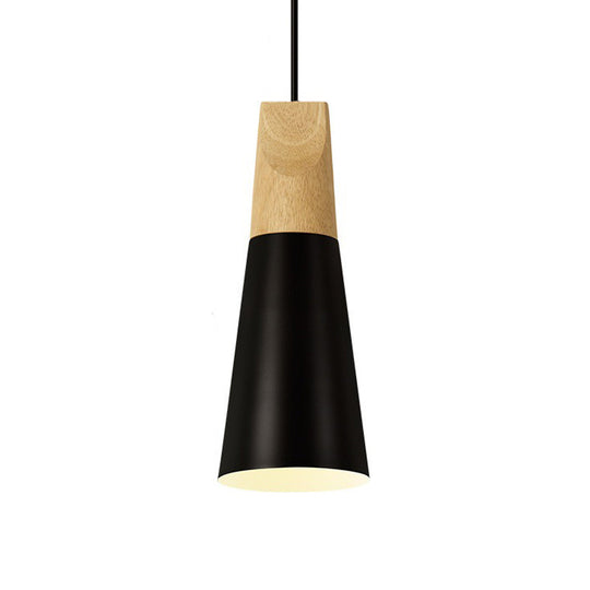 Mini Cone Macaron Aluminum Pendant Light With Single Bulb Black/Pink/Green And Wood Suspension