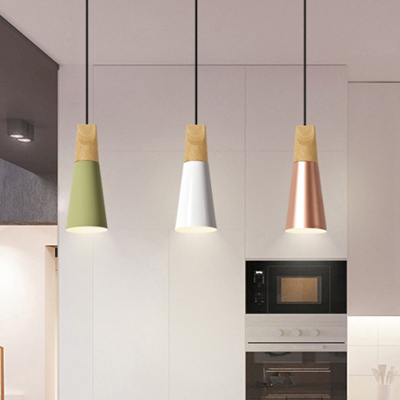 Mini Cone Macaron Aluminum Pendant Light With Single Bulb Black/Pink/Green And Wood Suspension Gold