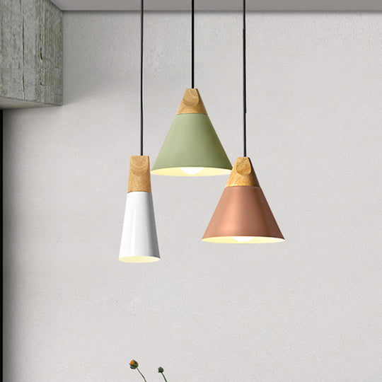 Mini Cone Macaron Aluminum Pendant Light With Single Bulb Black/Pink/Green And Wood Suspension Gold