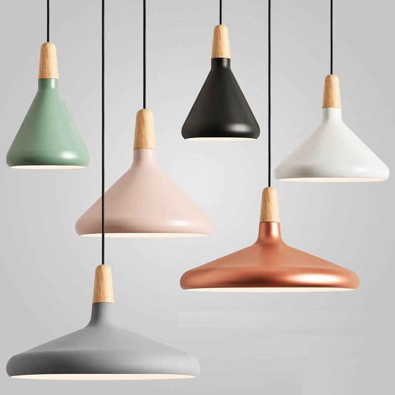 Hanging Macaron Aluminum Ceiling Light - Conical Design With 1-Bulb Pink/Gold/Grey & Wood Ideal Over