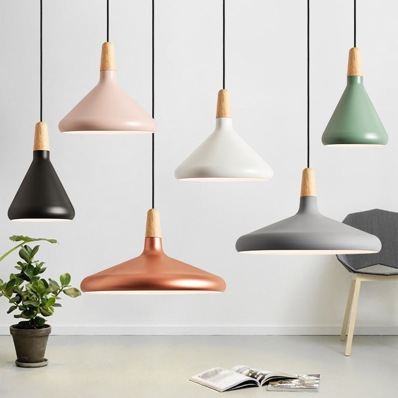 Hanging Macaron Aluminum Ceiling Light - Conical Design With 1-Bulb Pink/Gold/Grey & Wood Ideal Over