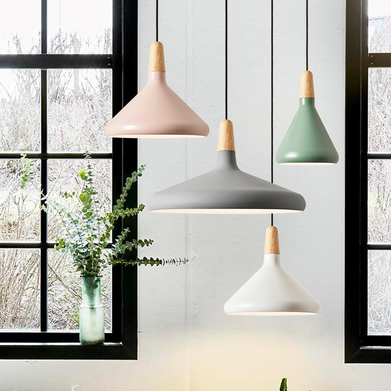 Hanging Macaron Aluminum Ceiling Light - Conical Design With 1-Bulb Pink/Gold/Grey & Wood Ideal Over