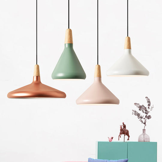 Hanging Macaron Aluminum Ceiling Light - Conical Design With 1-Bulb Pink/Gold/Grey & Wood Ideal Over