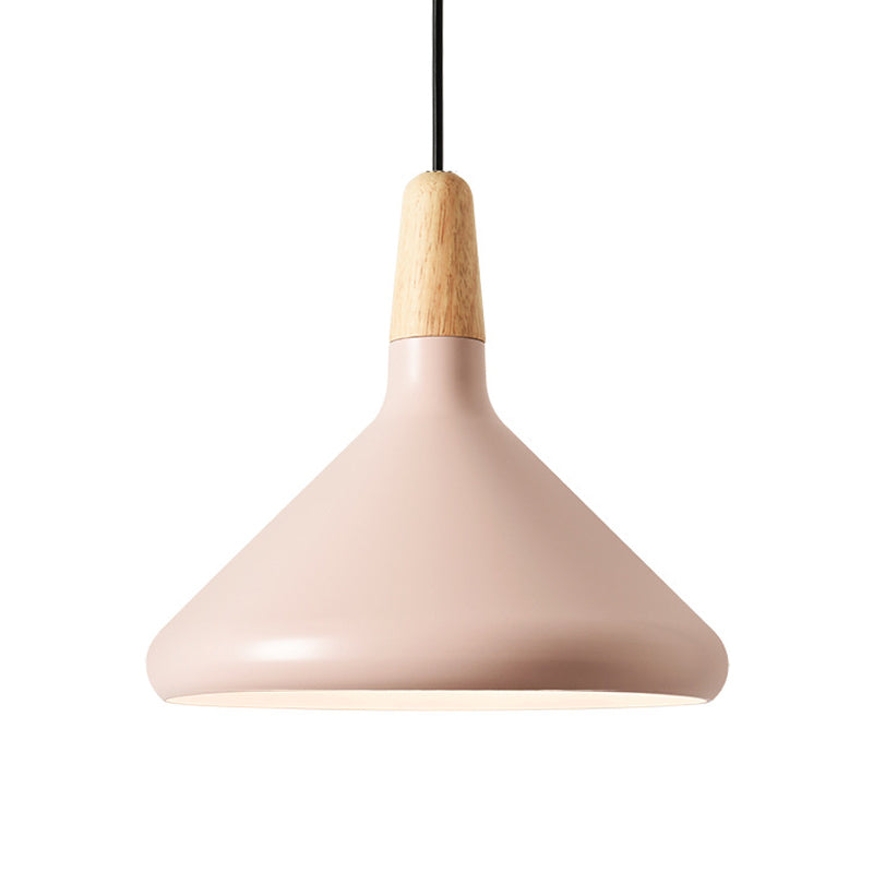 Hanging Macaron Aluminum Ceiling Light - Conical Design With 1-Bulb Pink/Gold/Grey & Wood Ideal Over