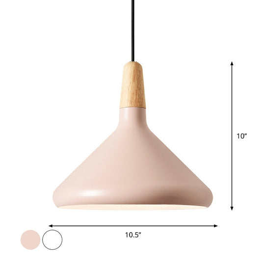 Hanging Macaron Aluminum Ceiling Light - Conical Design With 1-Bulb Pink/Gold/Grey & Wood Ideal Over