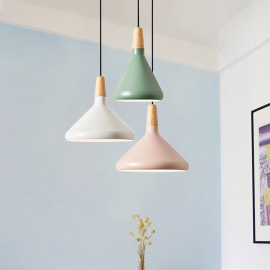 Hanging Macaron Aluminum Ceiling Light - Conical Design With 1-Bulb Pink/Gold/Grey & Wood Ideal Over