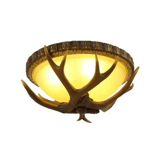 Brown Antler Ceiling Flush Light - Lodge Resin, 3-Bulb Kitchen Flush Mount Lamp with Frosted Glass Shade