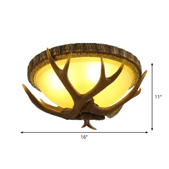 Brown Antler Ceiling Flush Light - Lodge Resin, 3-Bulb Kitchen Flush Mount Lamp with Frosted Glass Shade