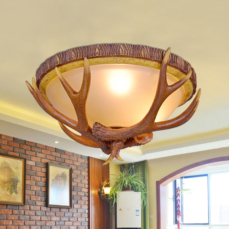 Farmhouse Brown Frosted Glass Ceiling Light With Antler Deco - 3-Light Dome Flush Mount Fixture