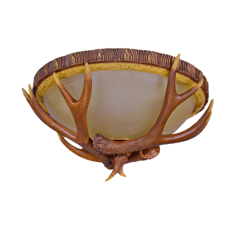 Farmhouse Brown Frosted Glass Ceiling Light With Antler Deco - 3-Light Dome Flush Mount Fixture