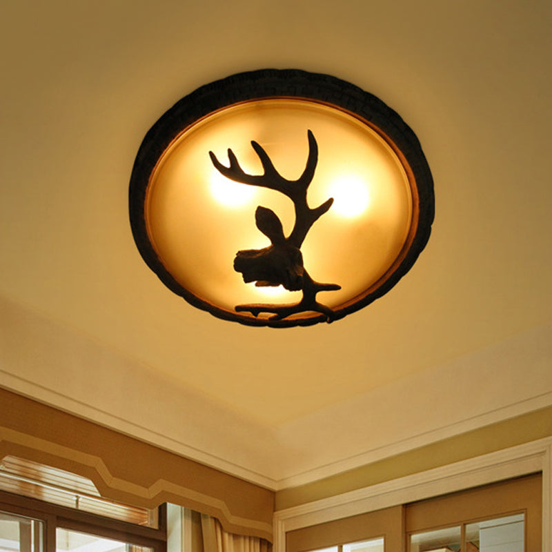 Rustic Domed Tan Glass Flush Light With Deer Head Decor 3-Bulb Ceiling Fixture Brown