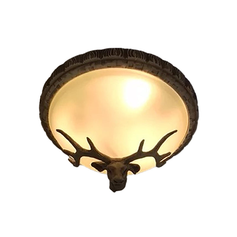 Rustic Domed Tan Glass Flush Light With Deer Head Decor 3-Bulb Ceiling Fixture Brown