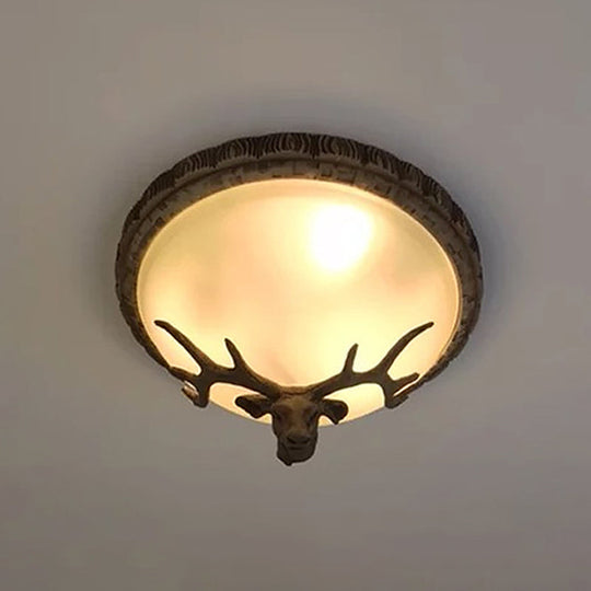 Rustic Domed Tan Glass Flush Light With Deer Head Decor 3-Bulb Ceiling Fixture Brown