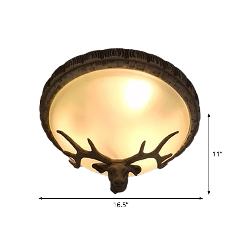 Rustic Domed Tan Glass Flush Light with Deer Head Decor – 3-Bulb Ceiling Fixture, Brown