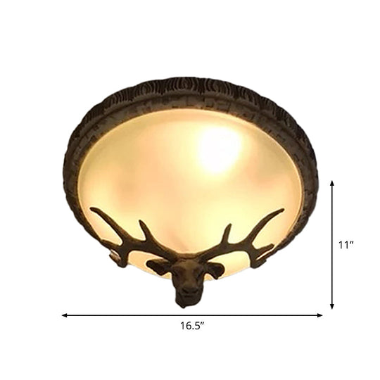 Rustic Domed Tan Glass Flush Light With Deer Head Decor 3-Bulb Ceiling Fixture Brown