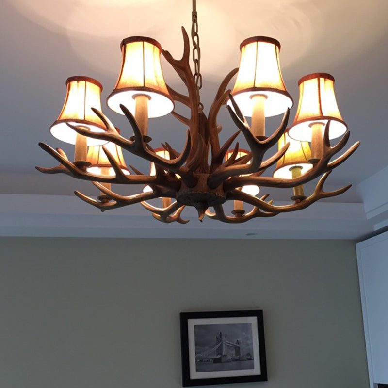 8-Head Faux Antler Pendant Lamp With Rural Brown Fabric Shade - Chandelier Lighting For Dining Room