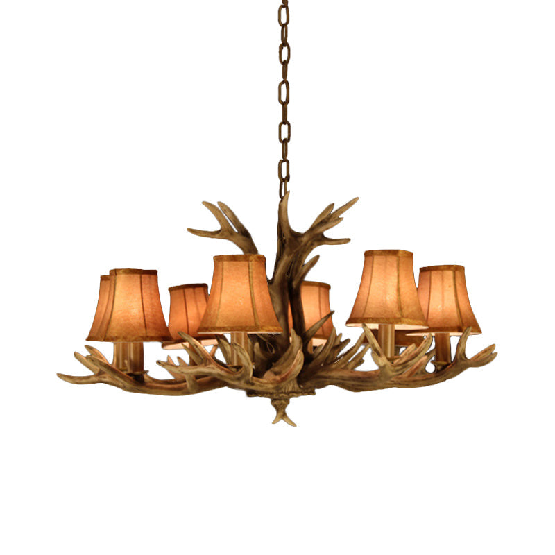 8-Head Faux Antler Pendant Lamp With Rural Brown Fabric Shade - Chandelier Lighting For Dining Room