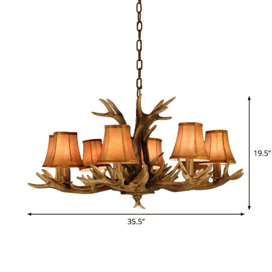 8-Head Faux Antler Pendant Lamp With Rural Brown Fabric Shade - Chandelier Lighting For Dining Room