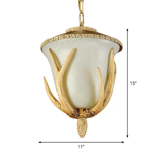 Antler Detailed Single-Bulb Pendant Light With White Glass Shade Rustic Brown Bistro Hanging Lamp