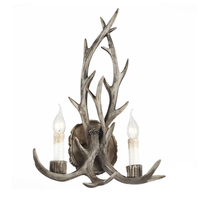 Rustic 2-Head Antler Wall Light Fixture - Coffee/Brown/Grey Resin Mounted Lamp With Naked Bulb