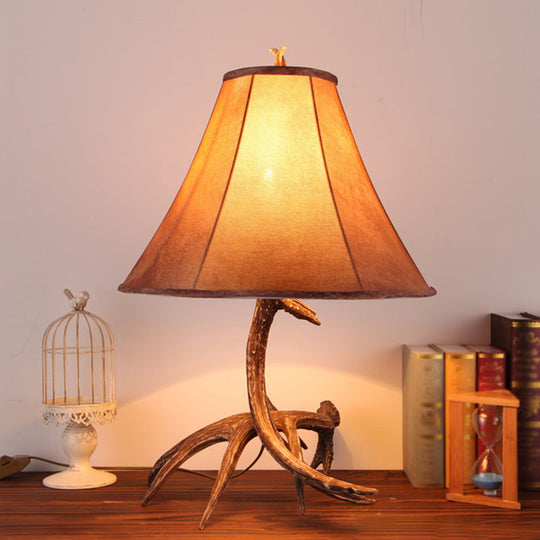 Brown Flared Night Lamp - Farmhouse Fabric Shade 1 Head Table Light With Antler Base