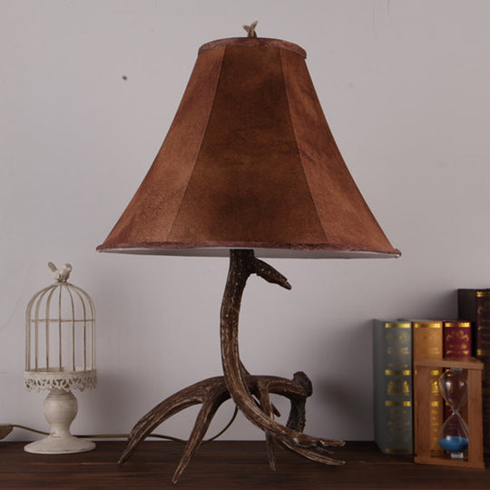 Nadia - Rustic Brown Wide Flared Night Lamp Farmhouse Fabric 1 Head Bedroom Table Light with Antler Base