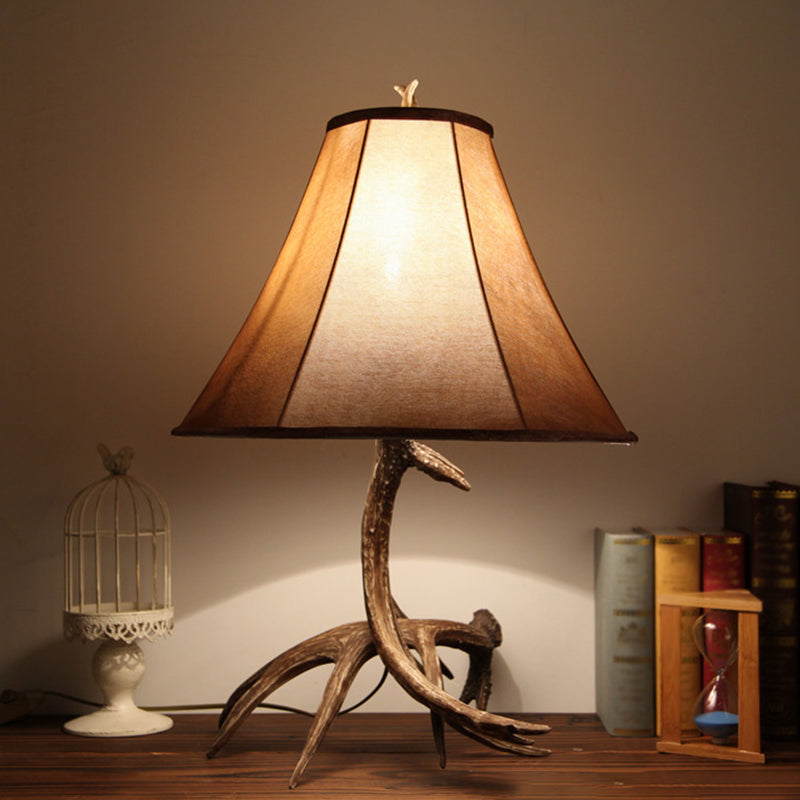 Brown Flared Night Lamp - Farmhouse Fabric Shade 1 Head Table Light With Antler Base