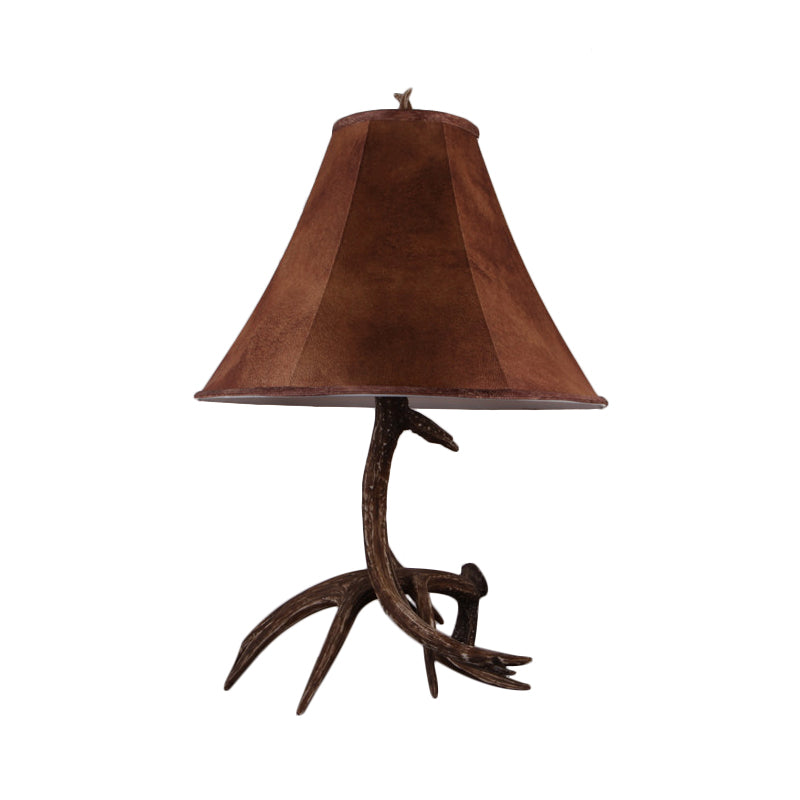 Nadia - Rustic Brown Wide Flared Night Lamp Farmhouse Fabric 1 Head Bedroom Table Light with Antler Base