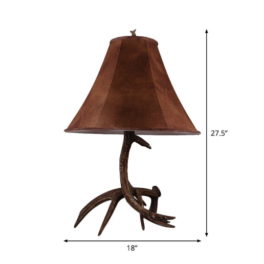 Nadia - Rustic Brown Wide Flared Night Lamp Farmhouse Fabric 1 Head Bedroom Table Light with Antler Base