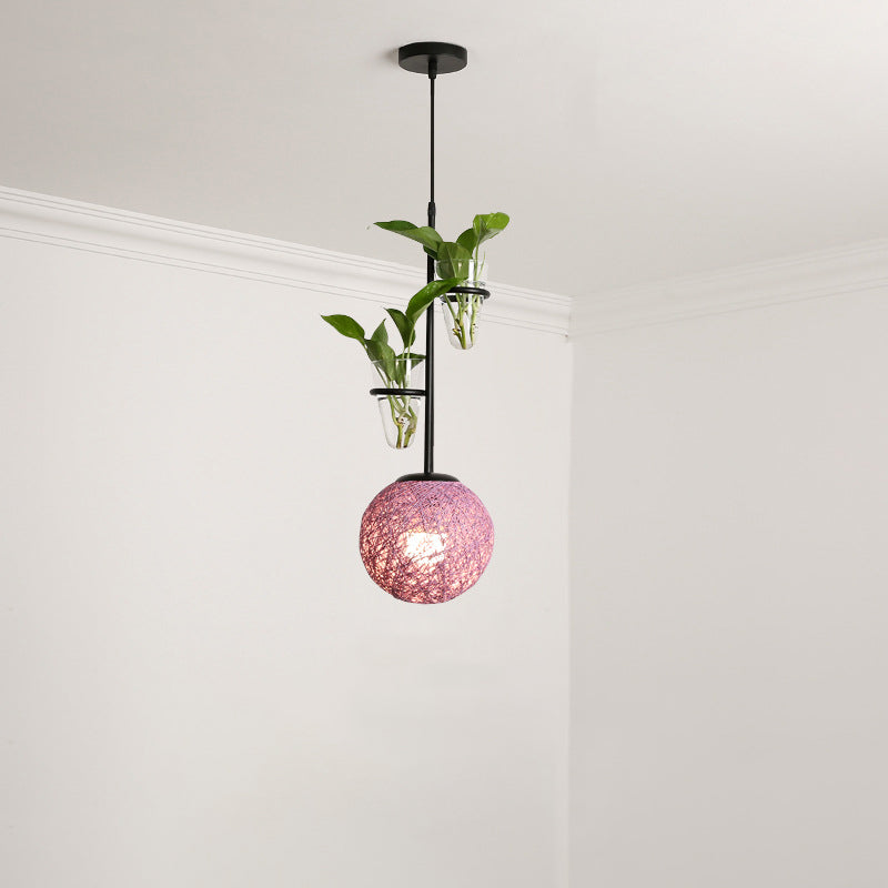 Macaron 1-Head Rattan Hanging Ceiling Light In Beige/Red/Pink With Plant Pot - Kitchen Pendant