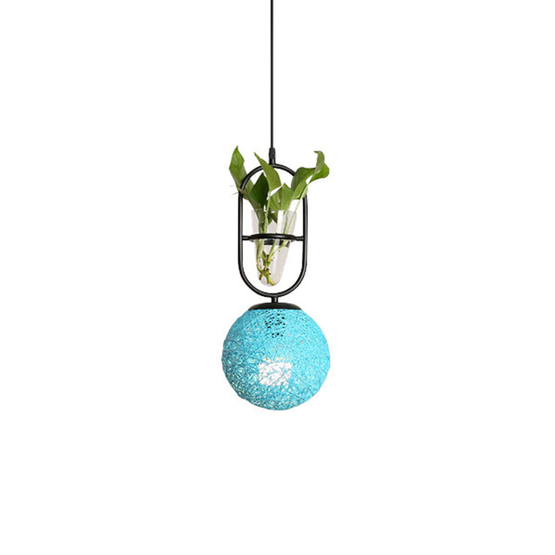 Macaron Rattan Globe Pendant Light with Plant Pot - Beige/Red/Pink