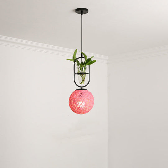 Macaron 1-Head Rattan Hanging Ceiling Light In Beige/Red/Pink With Plant Pot - Kitchen Pendant