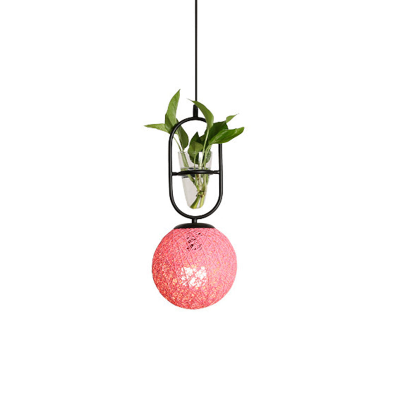 Macaron Rattan Globe Pendant Light with Plant Pot - Beige/Red/Pink