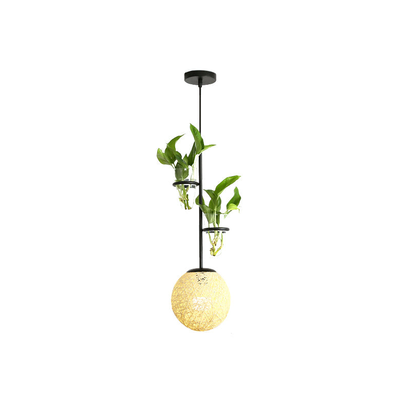 Macaron 1-Head Rattan Hanging Ceiling Light In Beige/Red/Pink With Plant Pot - Kitchen Pendant