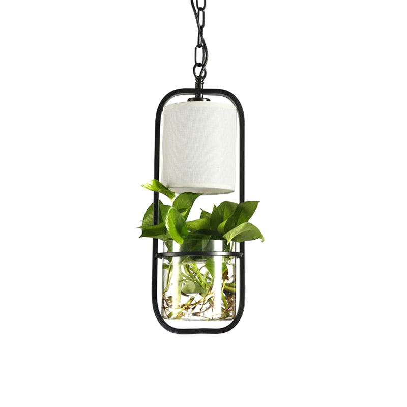 Black/Gold 1-Bulb Suspension Lamp With Country Fabric Barrel Shade And Plant Container Black