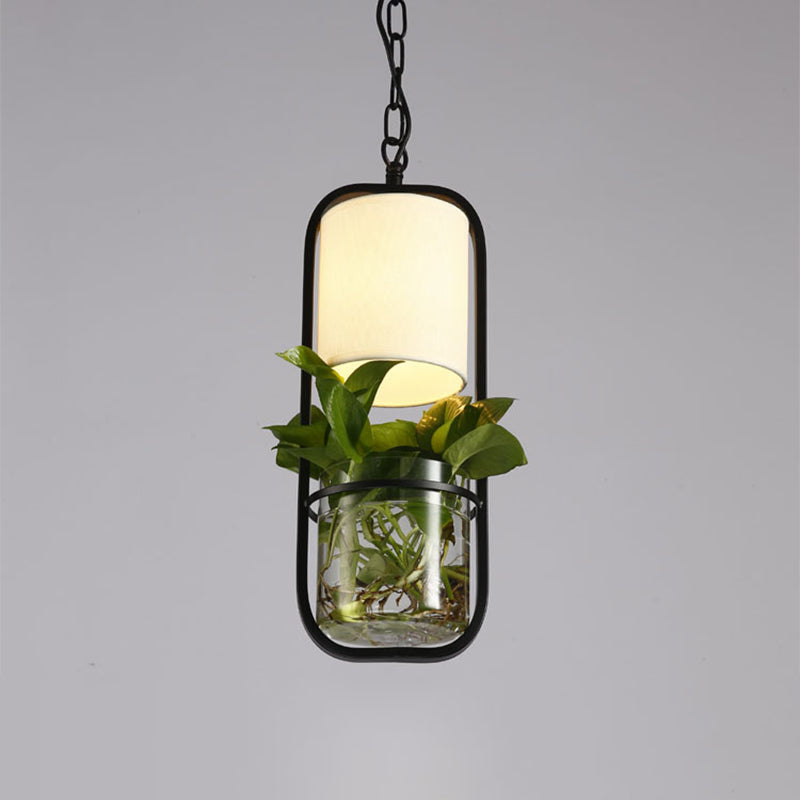 Black/Gold 1-Bulb Suspension Lamp With Country Fabric Barrel Shade And Plant Container