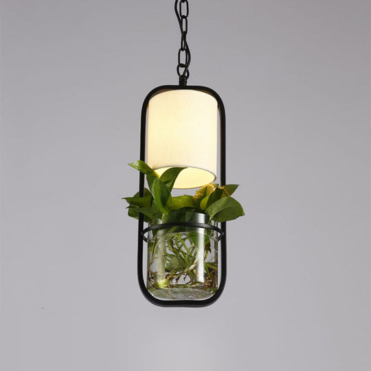 Black/Gold 1-Bulb Suspension Lamp With Country Fabric Barrel Shade And Plant Container