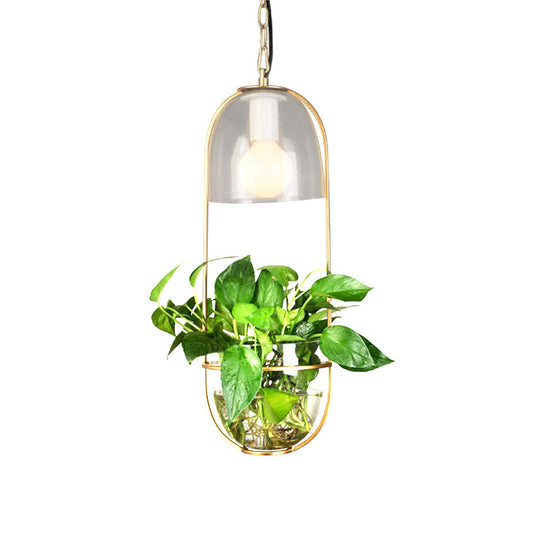 Black/Gold 1-Bulb Suspension Lamp With Country Fabric Barrel Shade And Plant Container Gold