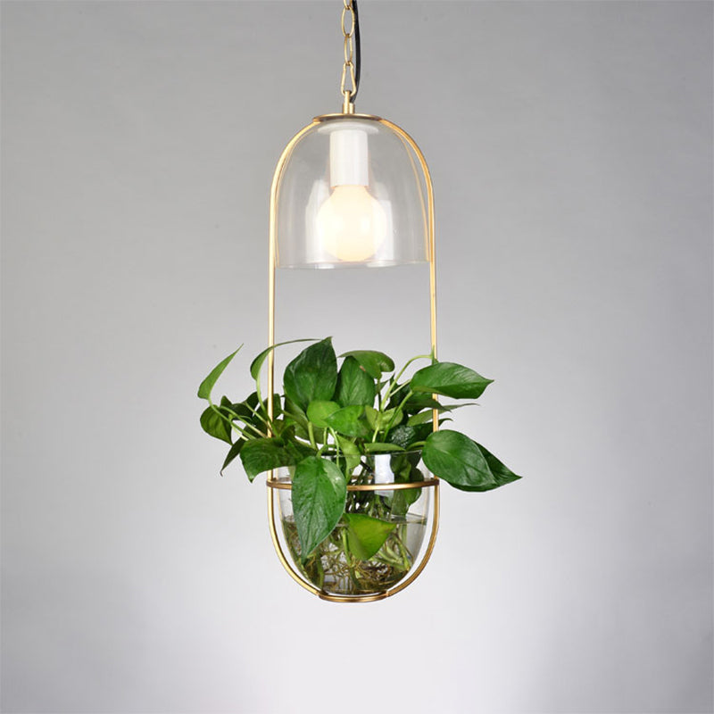 Black/Gold 1-Bulb Suspension Lamp With Country Fabric Barrel Shade And Plant Container