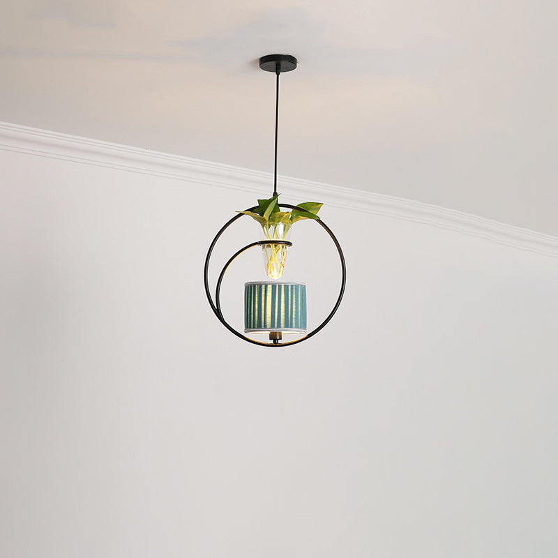 Rustic Fabric Pendant Light With Plant Pot - Cafe Ceiling Fixture Black