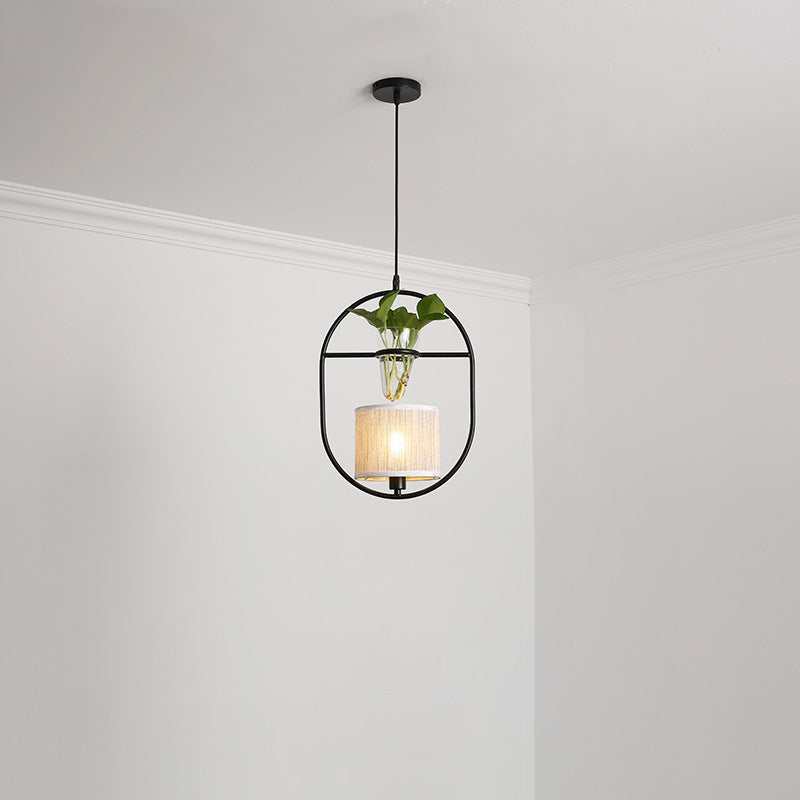 Rustic Pendant Light with Plant Pot and Oval/ Trapezoid Frame in Black - Perfect for Cafes